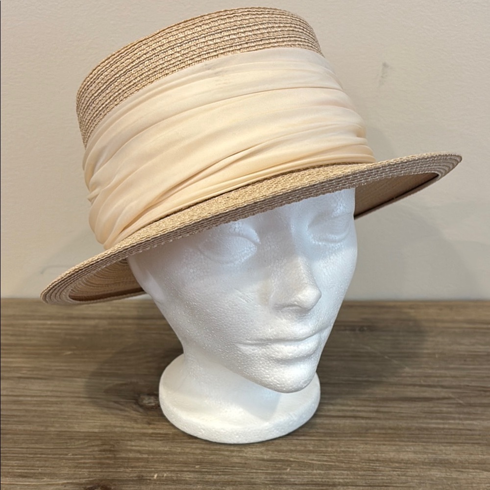 Cream and Tan Boater Hat with Flat Crown